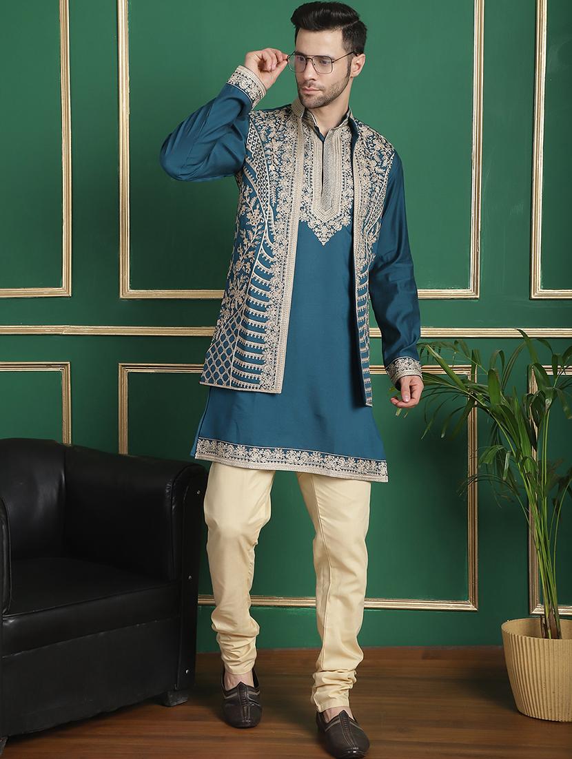 men embroidered kurta pyjama with jacket ethnic wear set - 21524857 - Zoom Image - 0
