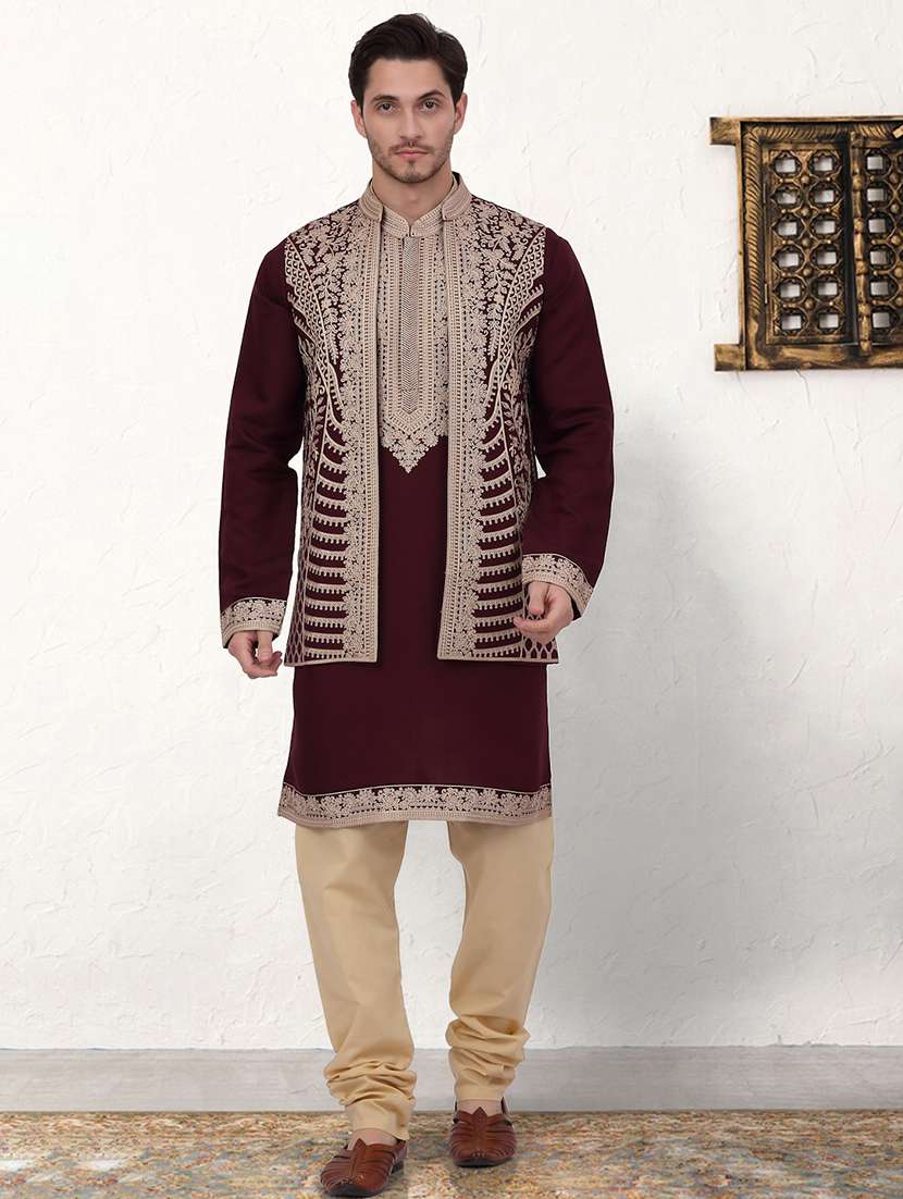 men embroidered kurta pyjama with jacket ethnic wear set - 21524858 - Zoom Image - 0