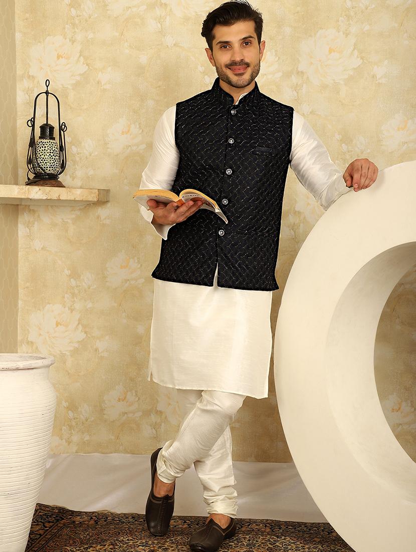 men mandarin neck kurta pyjama with jacket ethnic wear set - 21524874 - Zoom Image - 0