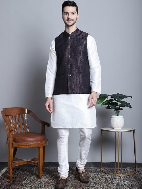 men solid kurta pyjama set with printed jacket - 21524880 -  Standard Image - 0