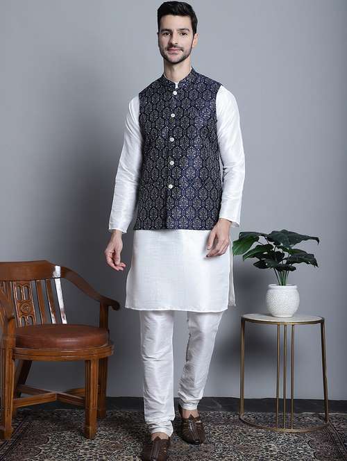 men mandarin neck kurta pyjama with jacket ethnic wear set - 21524884 -  Standard Image - 0