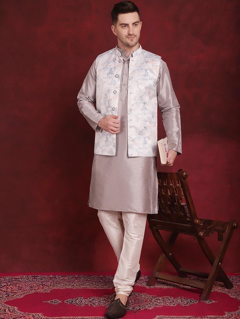 men solid kurta pyjama set with printed jacket