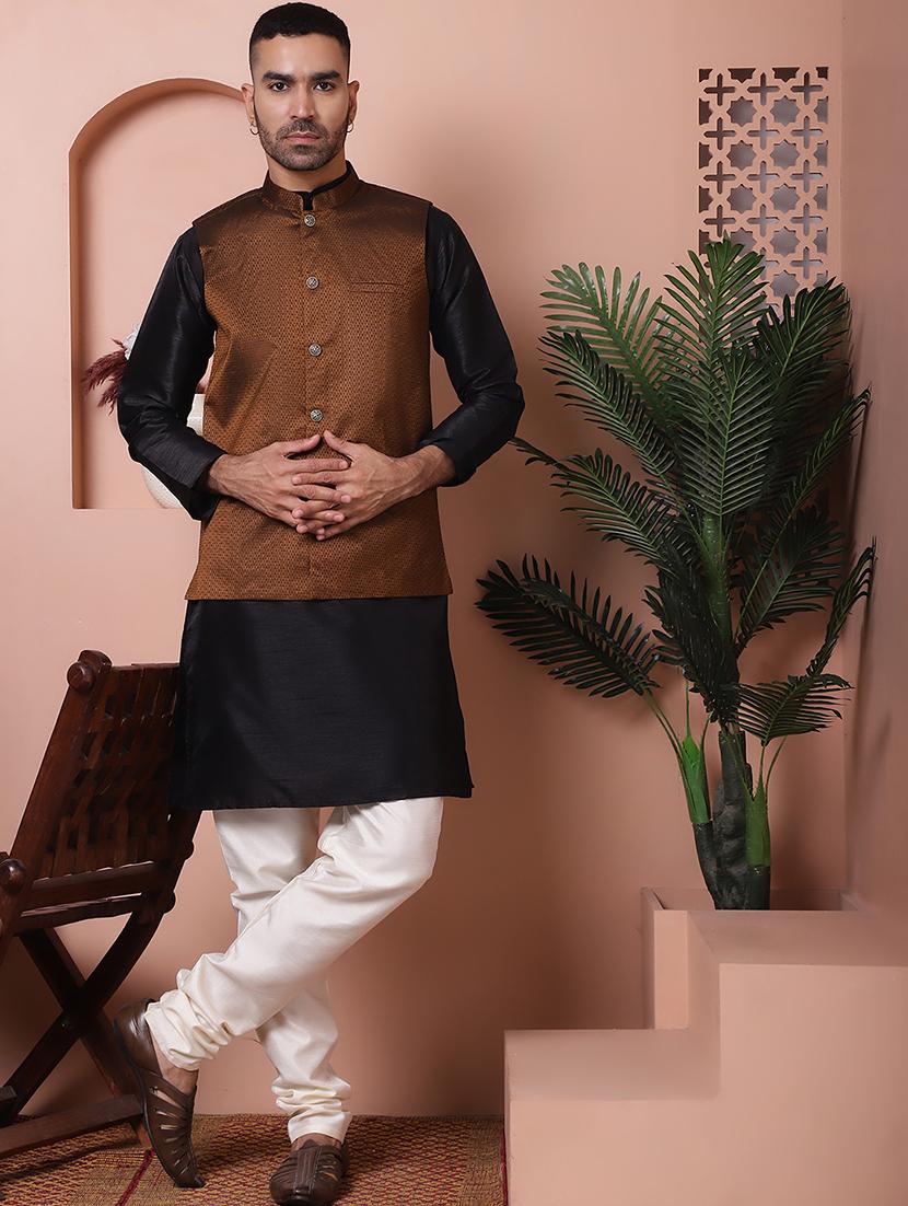 men mandarin neck silk kurta pyjama with jacket ethnic wear set - 21524903 - Zoom Image - 0