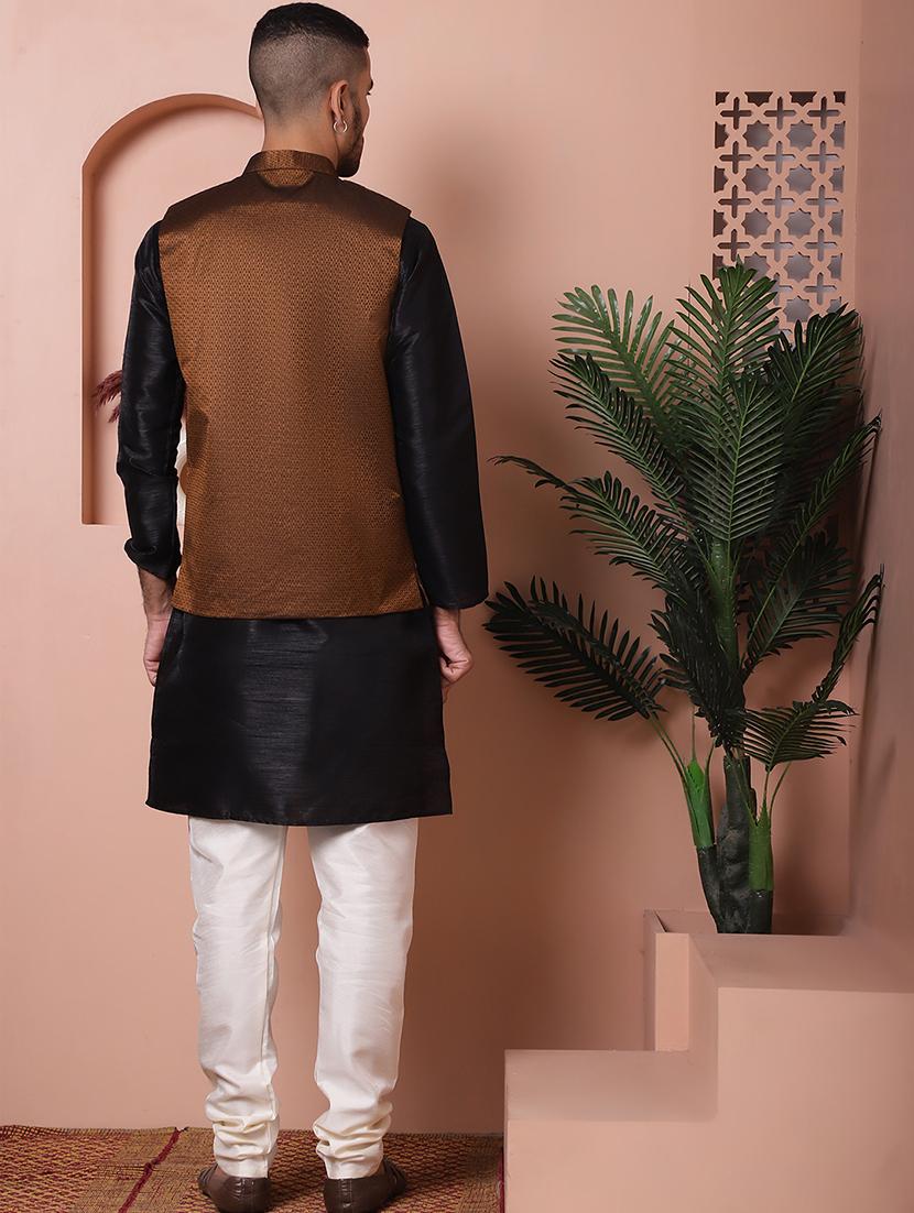 men mandarin neck silk kurta pyjama with jacket ethnic wear set - 21524903 - Standard Image - 3