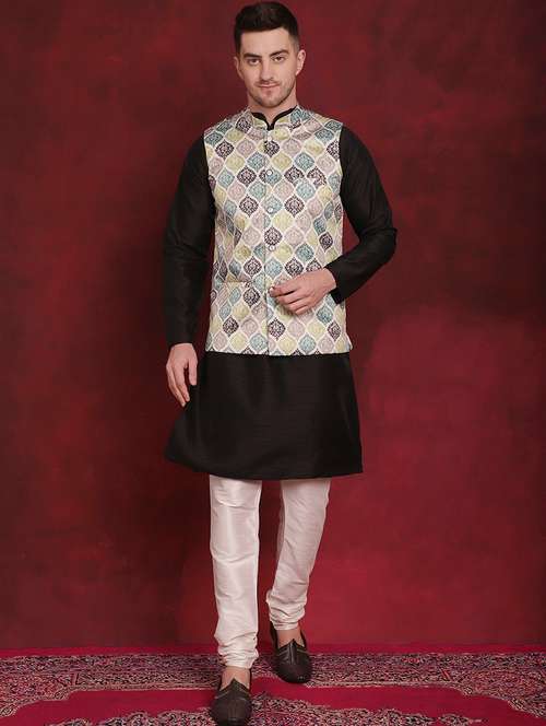 men solid kurta pyjama set with printed jacket - 21524905 - Standard Image - 0