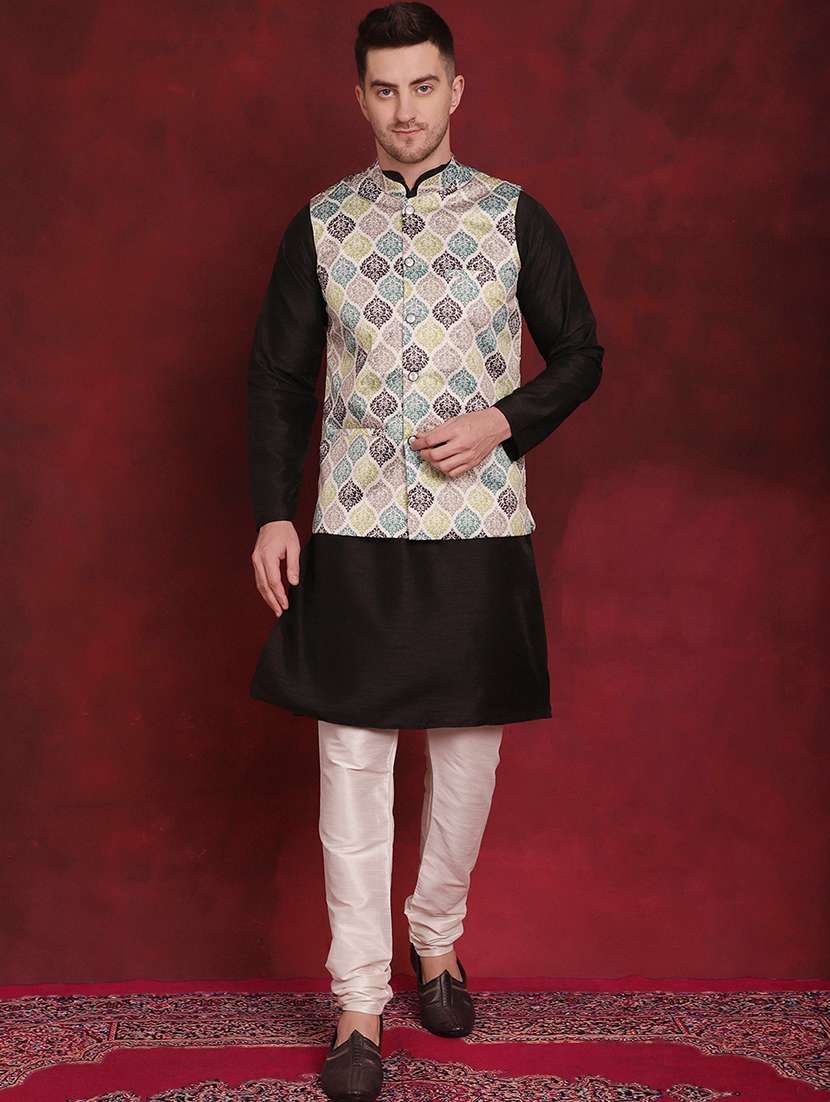 men solid kurta pyjama set with printed jacket - 21524905 - Zoom Image - 0