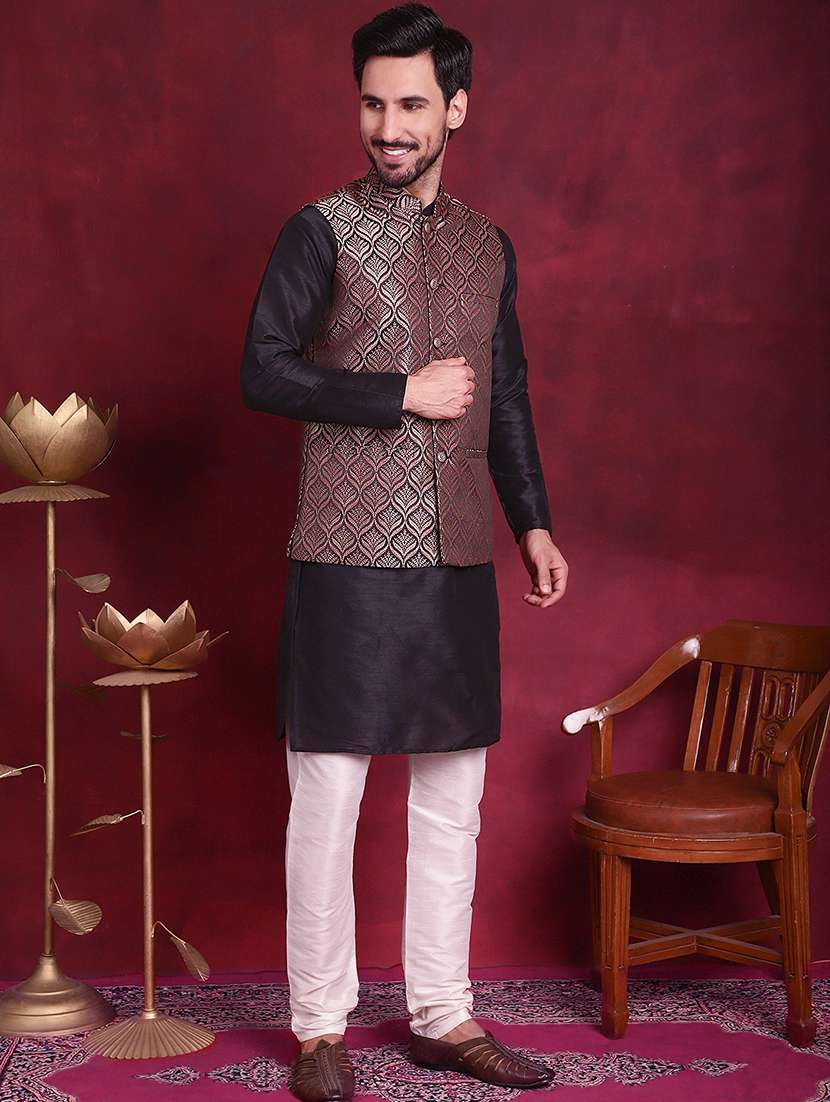 men mandarin neck silk kurta bottom with jacket ethnic wear set - 21524907 - Zoom Image - 0