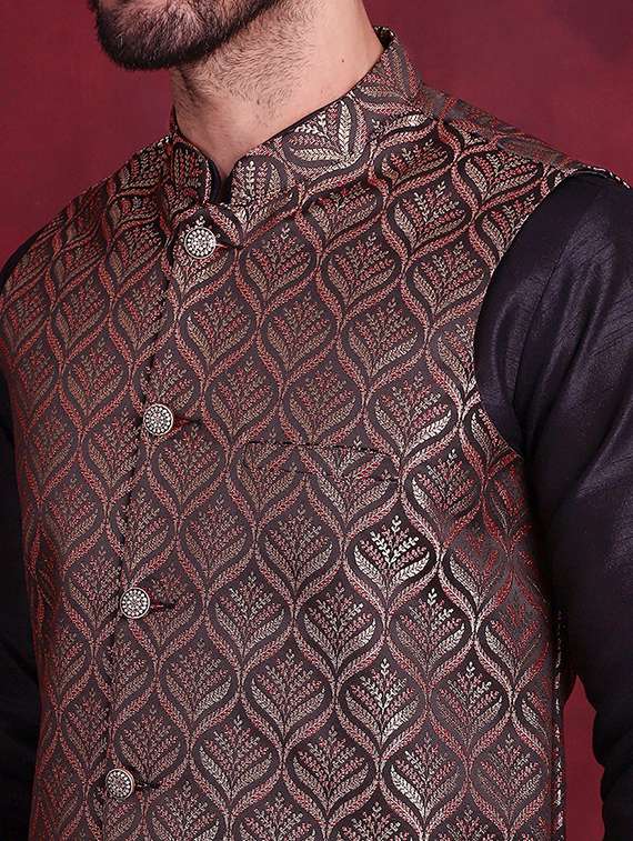 men mandarin neck silk kurta bottom with jacket ethnic wear set - 21524907 - Standard Image - 5