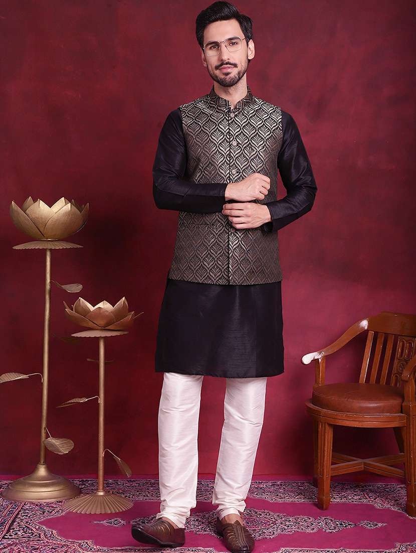 men mandarin neck silk kurta bottom with jacket ethnic wear set - 21524908 - Zoom Image - 0