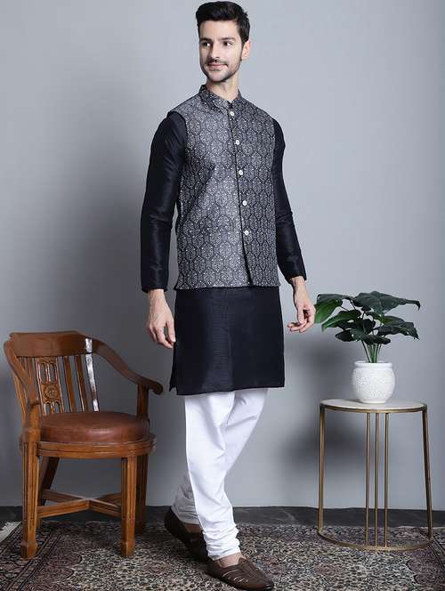 men solid kurta pyjama set with printed jacket - 21524909 - Standard Image - 0
