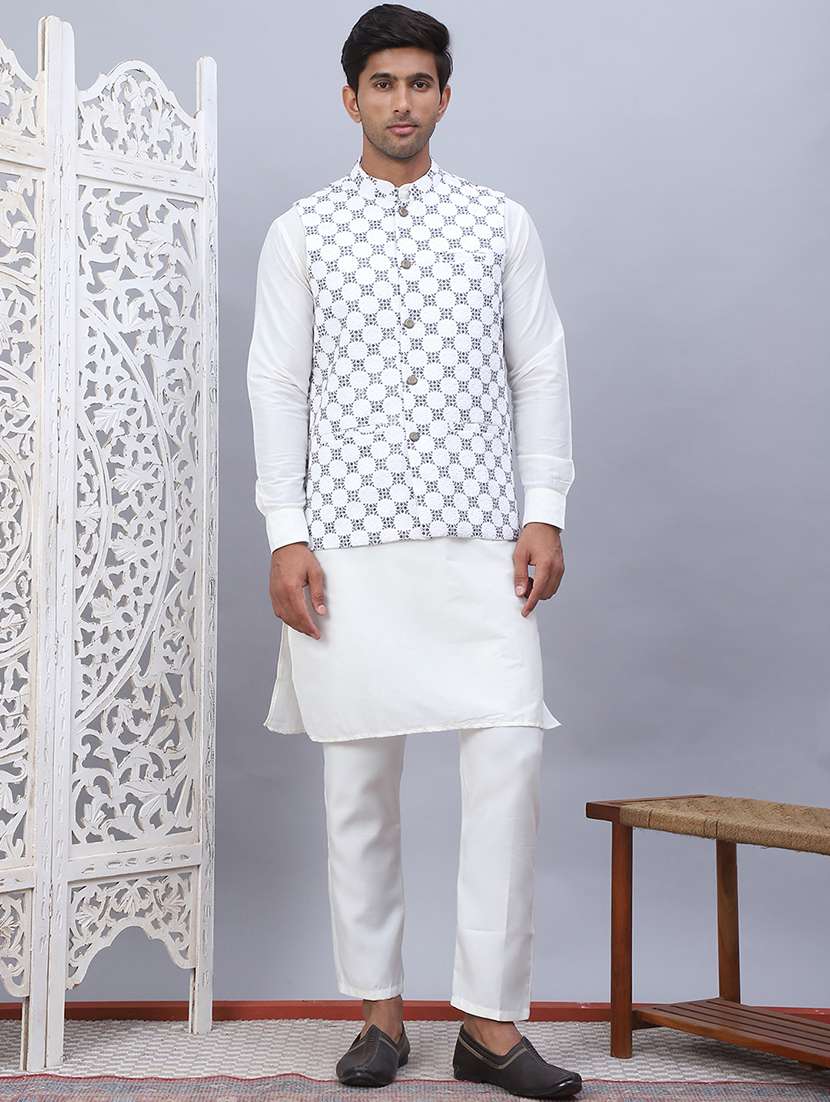 men mandarin neck silk kurta bottom with jacket ethnic wear set - 21524916 -  Zoom Image - 0