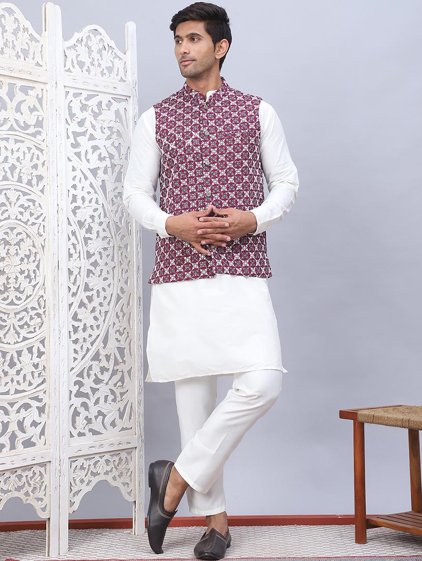 men mandarin neck silk kurta bottom with jacket ethnic wear set - 21524917 -  Zoom Image - 0