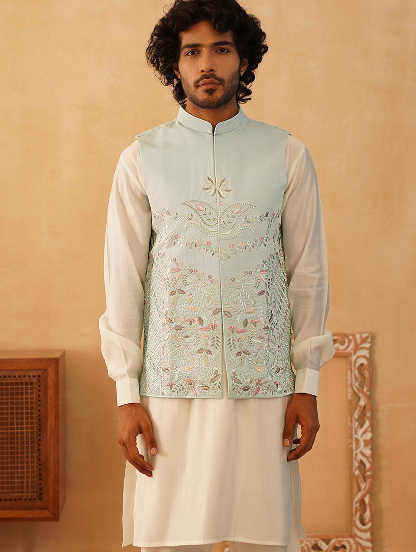 men mandarin neck kurta bottom with jacket ethnic wear set - 21524923 - Zoom Image - 0
