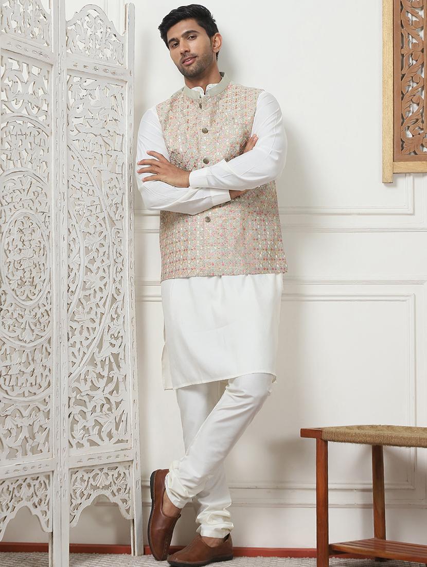 men mandarin neck kurta bottom with jacket ethnic wear set - 21524926 - Zoom Image - 0
