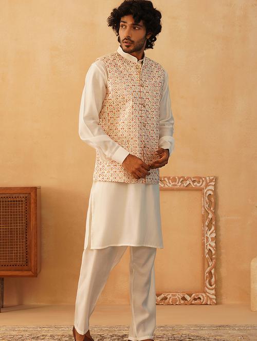 men solid kurta pyjama set with printed jacket - 21524927 - Standard Image - 0