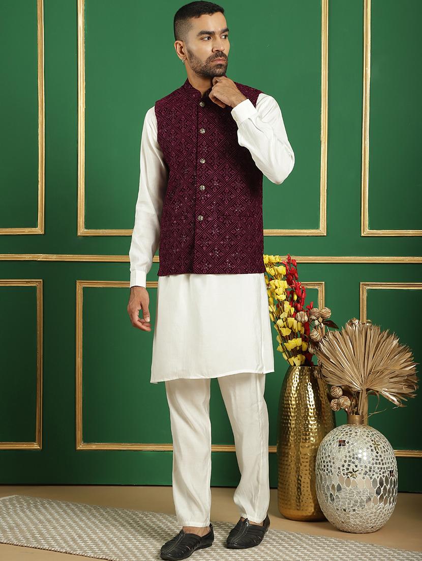 men solid kurta pyjama set with printed jacket - 21524928 - Zoom Image - 0