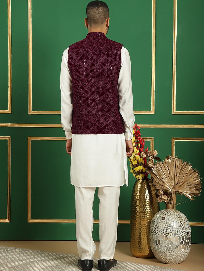 men solid kurta pyjama set with printed jacket - 21524928 - Standard Image - 3