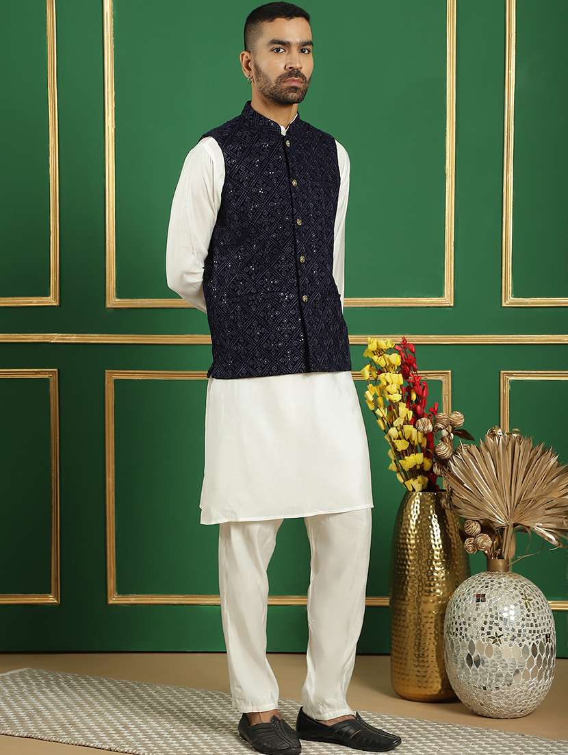men mandarin neck kurta bottom with jacket ethnic wear set