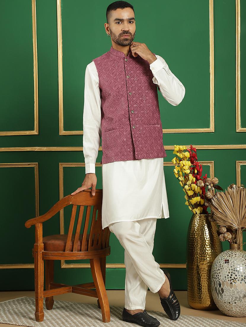 men solid kurta pyjama set with printed jacket - 21524930 - Zoom Image - 0