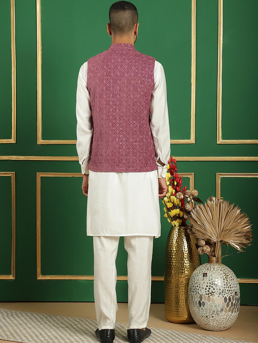men solid kurta pyjama set with printed jacket - 21524930 - Standard Image - 3