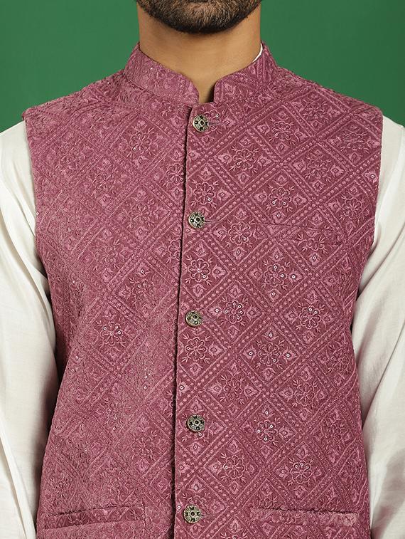 men solid kurta pyjama set with printed jacket - 21524930 - Standard Image - 5