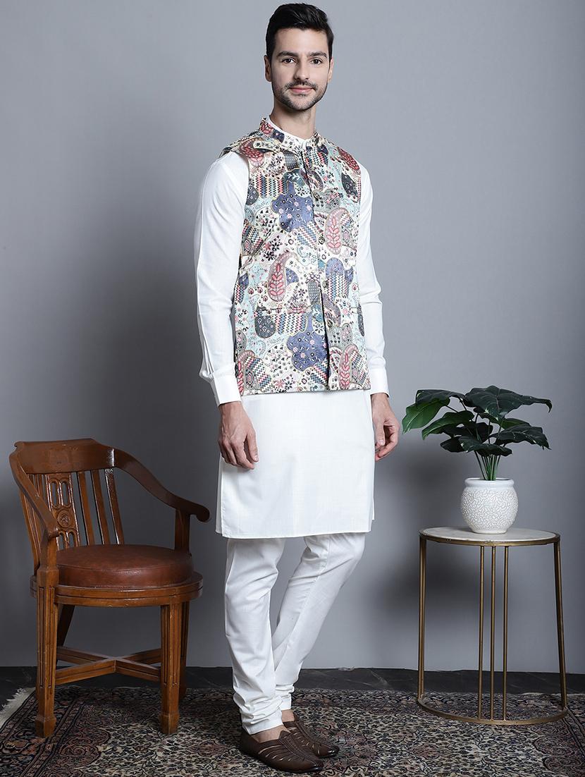 men solid kurta pyjama set with printed jacket - 21524934 -  Zoom Image - 0