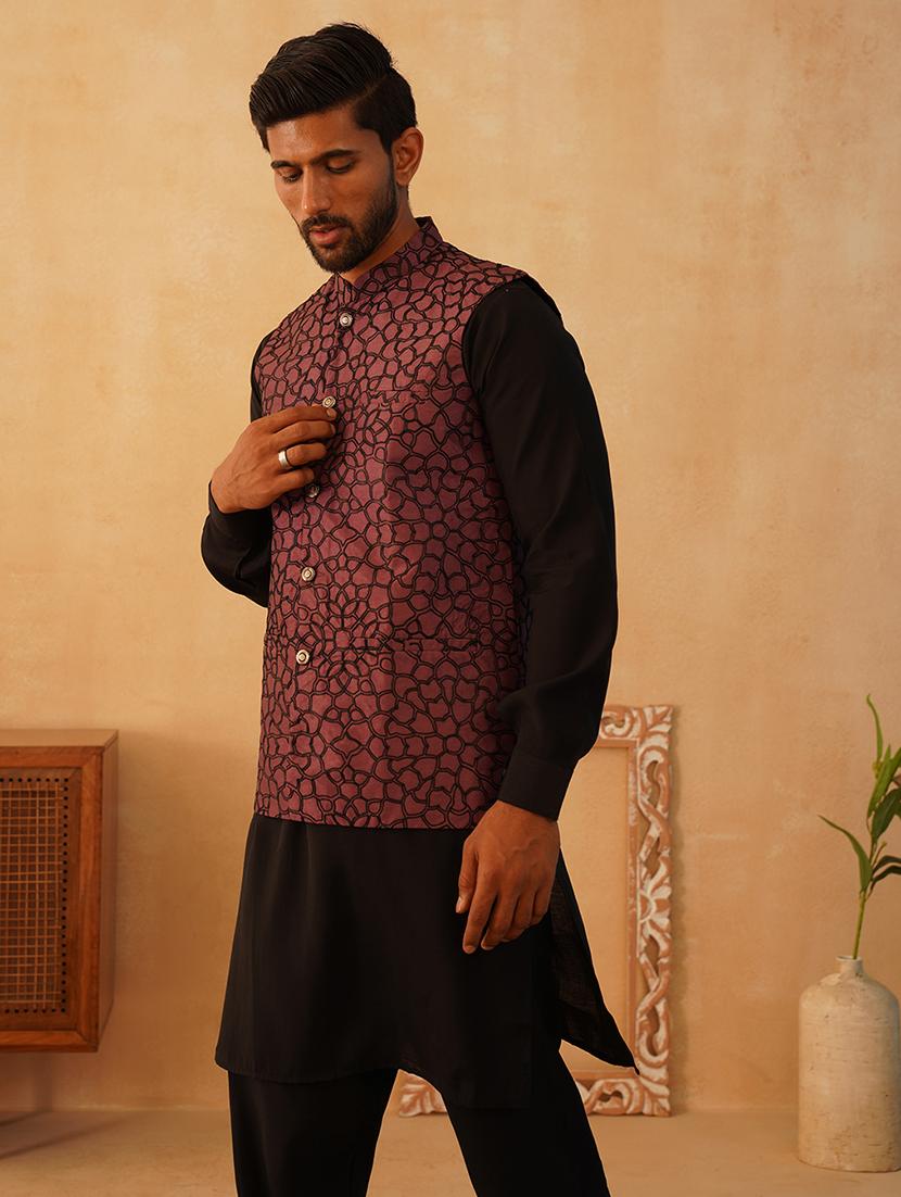 men solid kurta pyjama set with printed jacket - 21524942 - Standard Image - 3