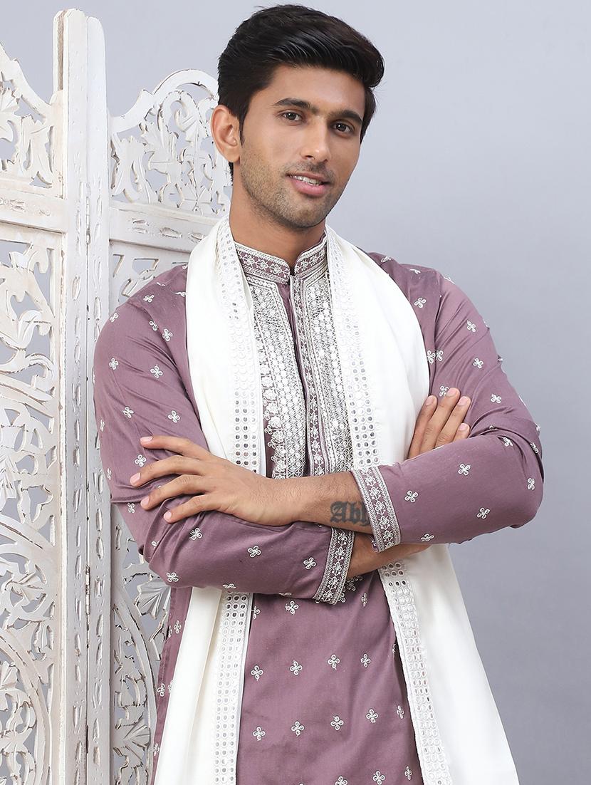 men solid with work kurta pyjama ethnic set - 21524954 - Standard Image - 3