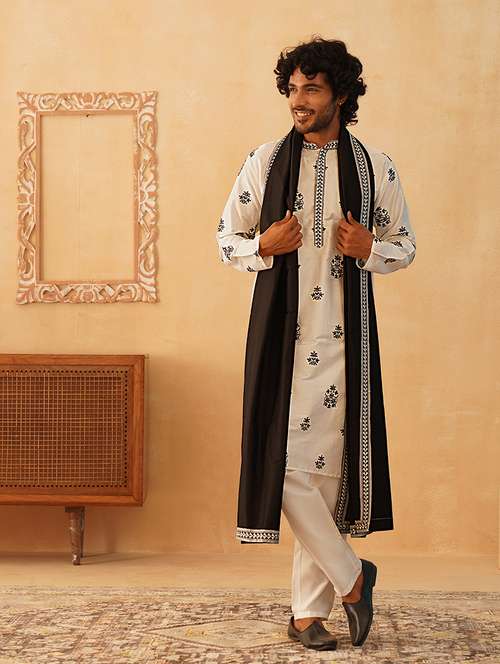 men solid with work kurta pyjama ethnic set - 21524957 -  Standard Image - 0