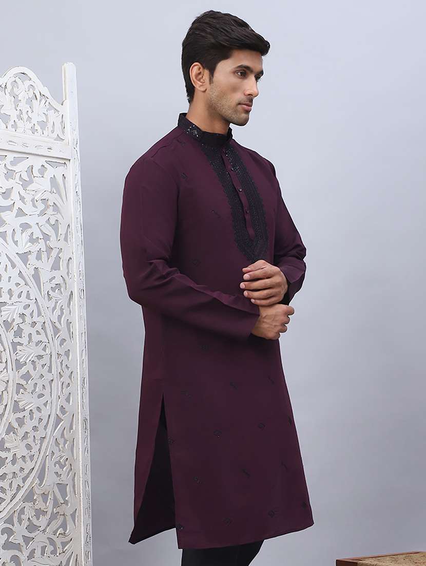 men long sleeve solid with work long kurta - 21524965 -  Zoom Image - 0