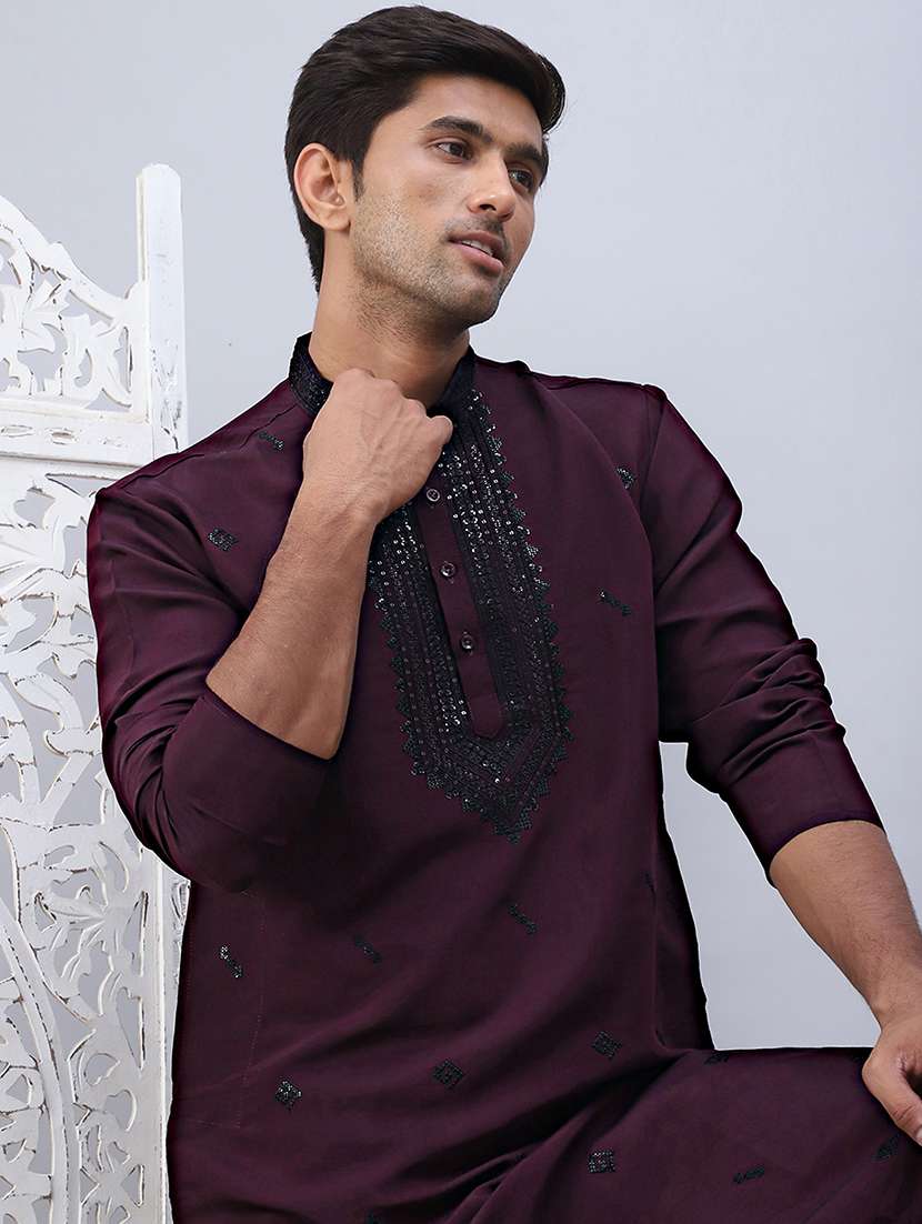 men long sleeve solid with work long kurta - 21524965 - Standard Image - 3