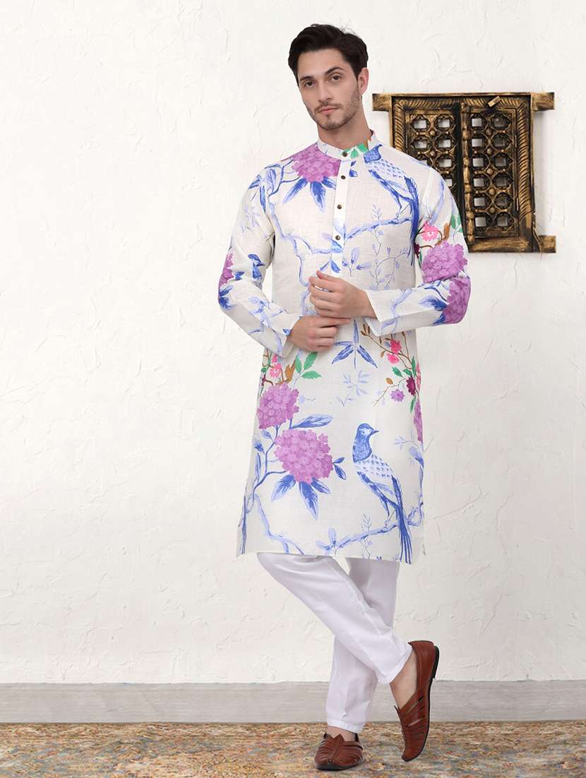 men printed mandarin neck long kurta 