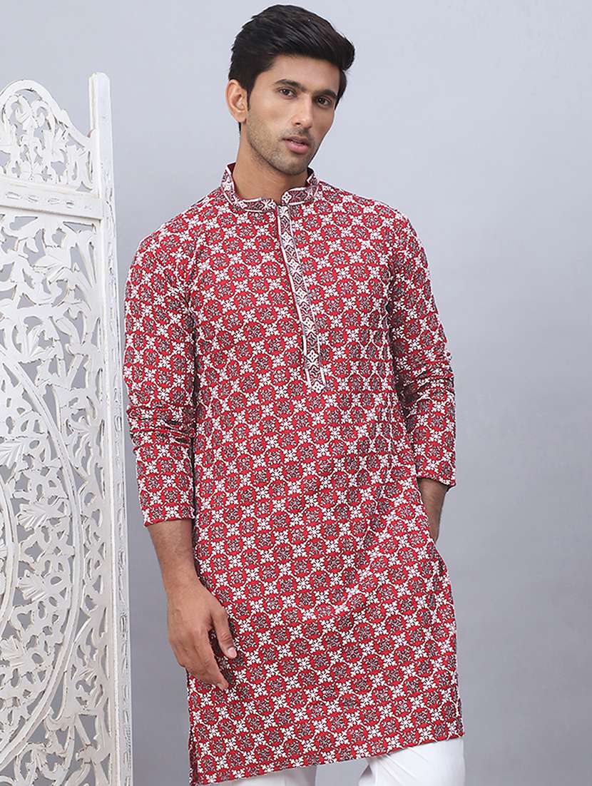 men printed mandarin neck long kurta 
