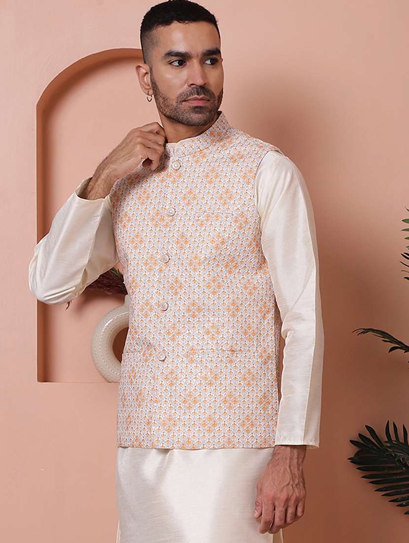 men mandarin neck printed nehru jacket