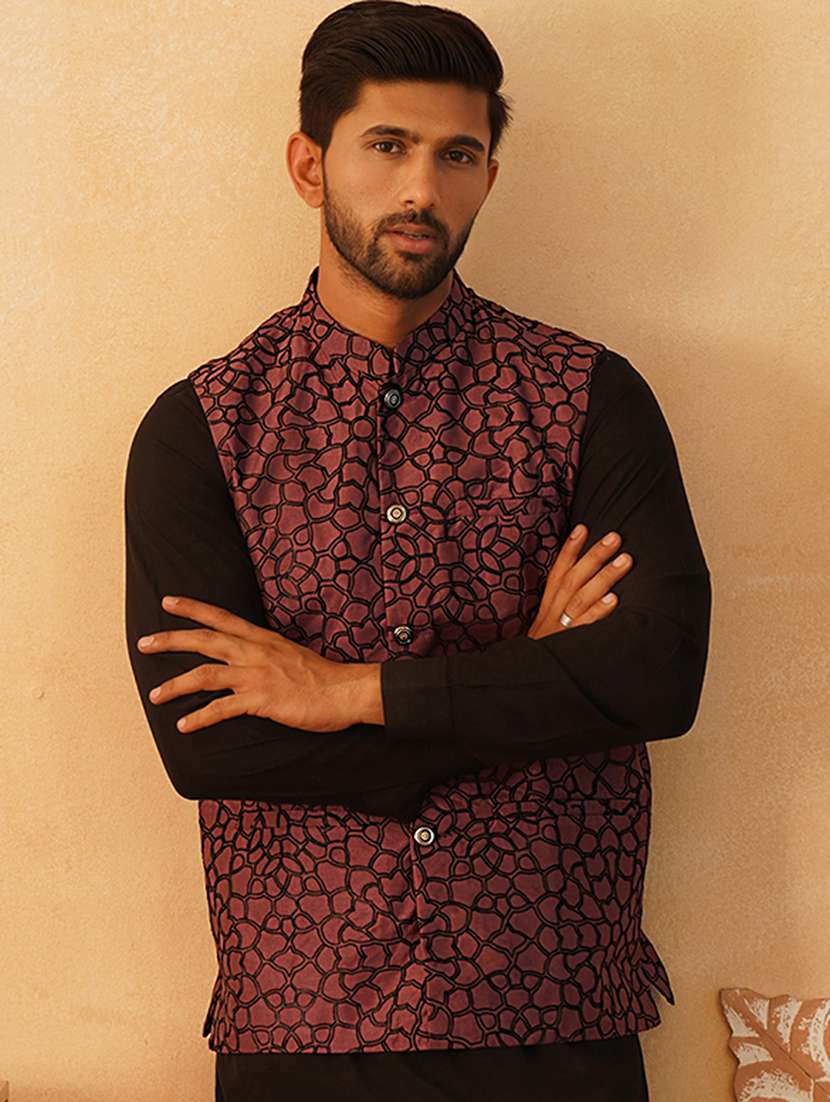 maroon silk blend nehru jacket