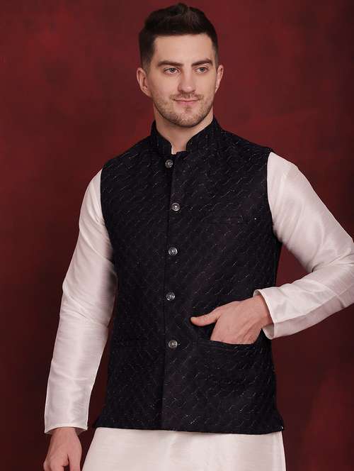 men mandarin neck self-designed nehru jacket - 21524995 - Standard Image - 0