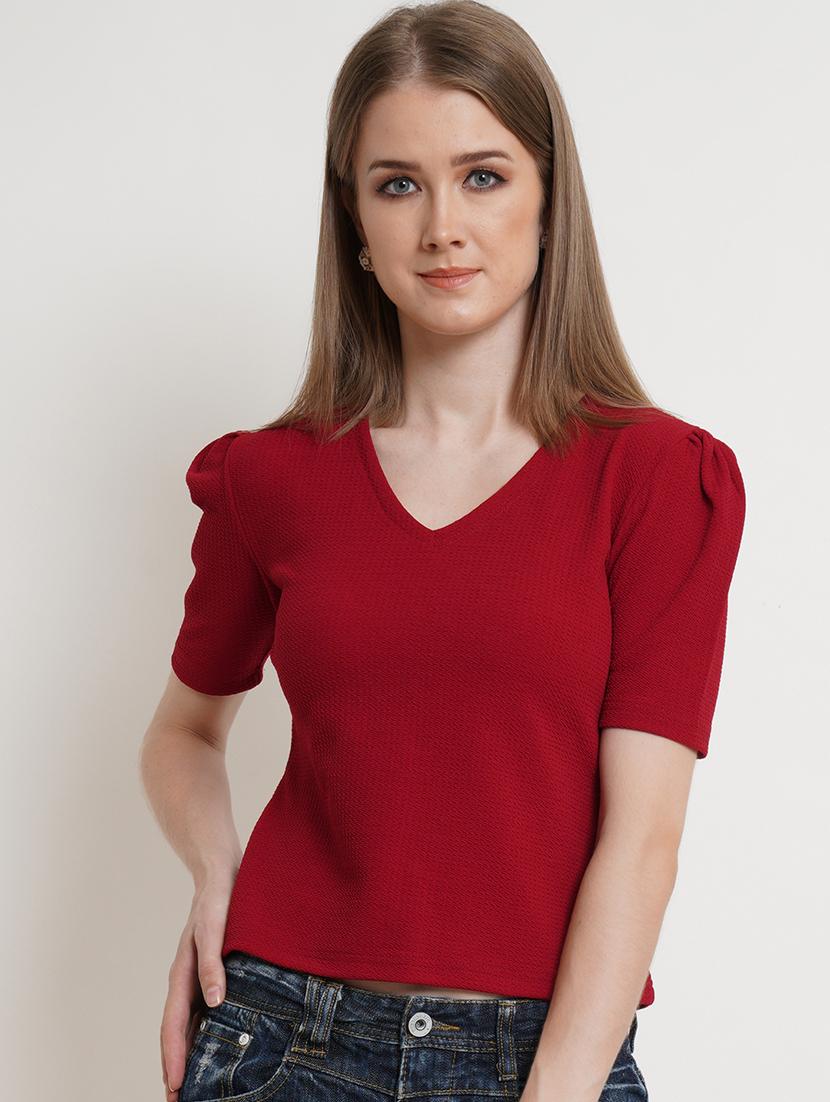 women solid v neck puff sleeves top - 21525052 - Zoom Image - 0