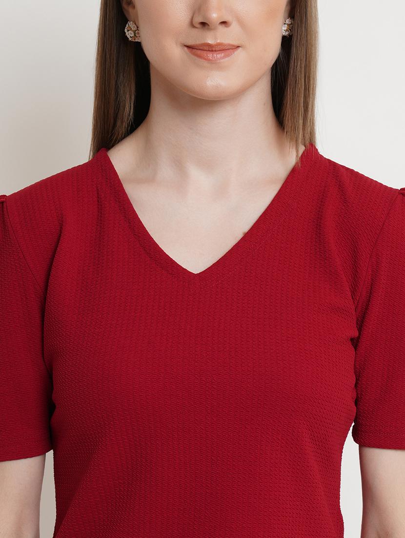 women solid v neck puff sleeves top - 21525052 - Standard Image - 5