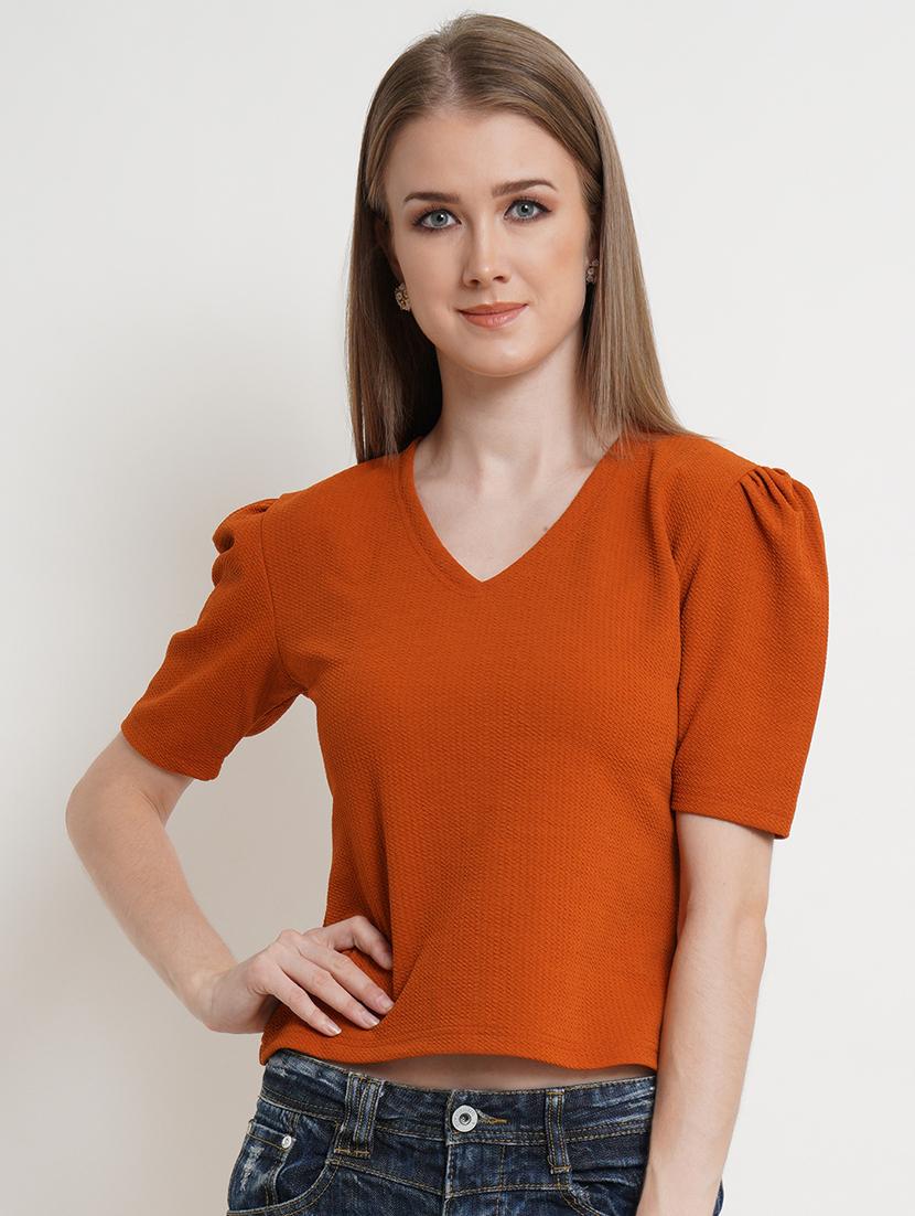 women solid v neck puff sleeves top