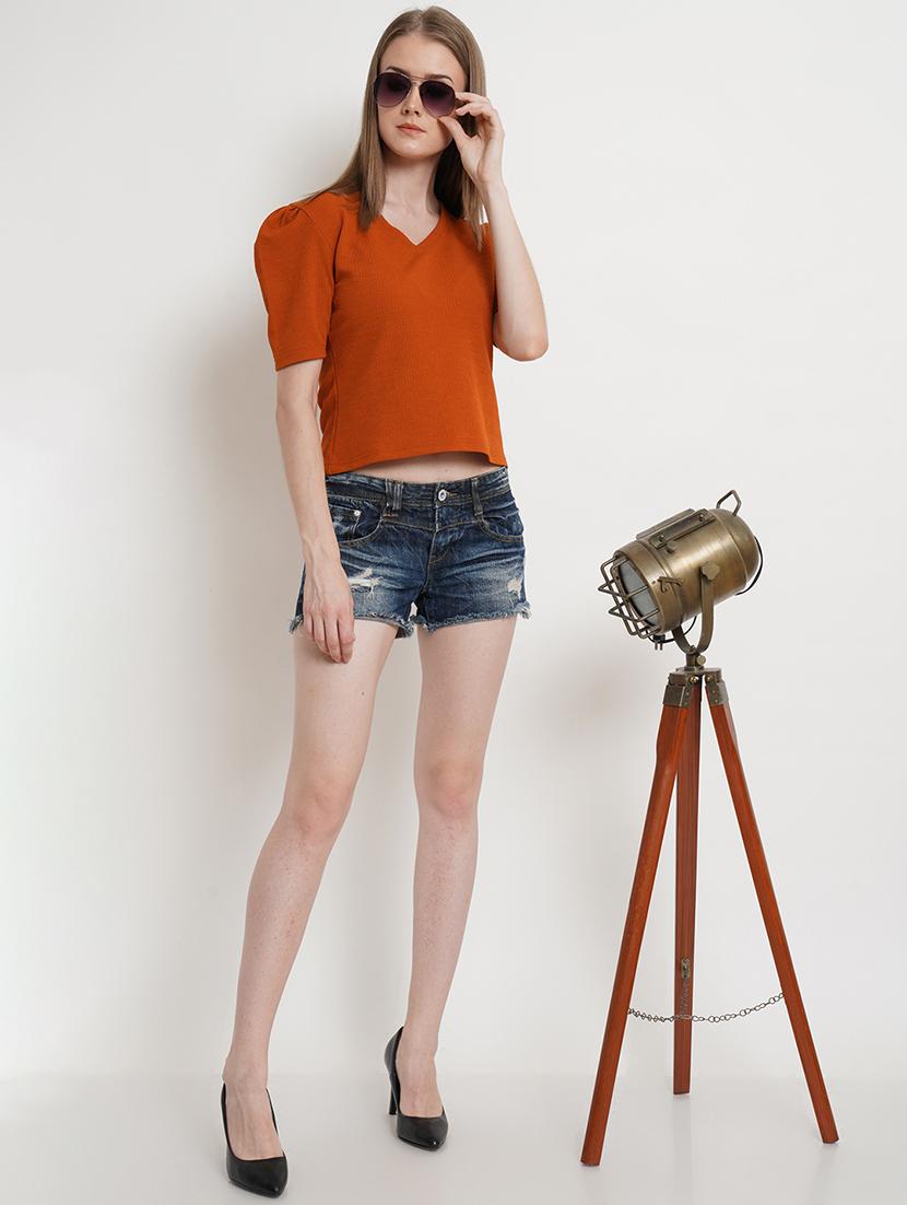women solid v neck puff sleeves top - 21525057 - Standard Image - 3
