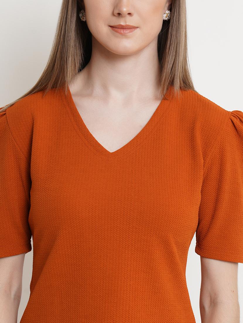 women solid v neck puff sleeves top - 21525057 - Standard Image - 5