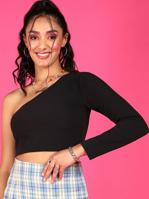 women solid single shoulder crop top - 21525197 - Standard Image - 0
