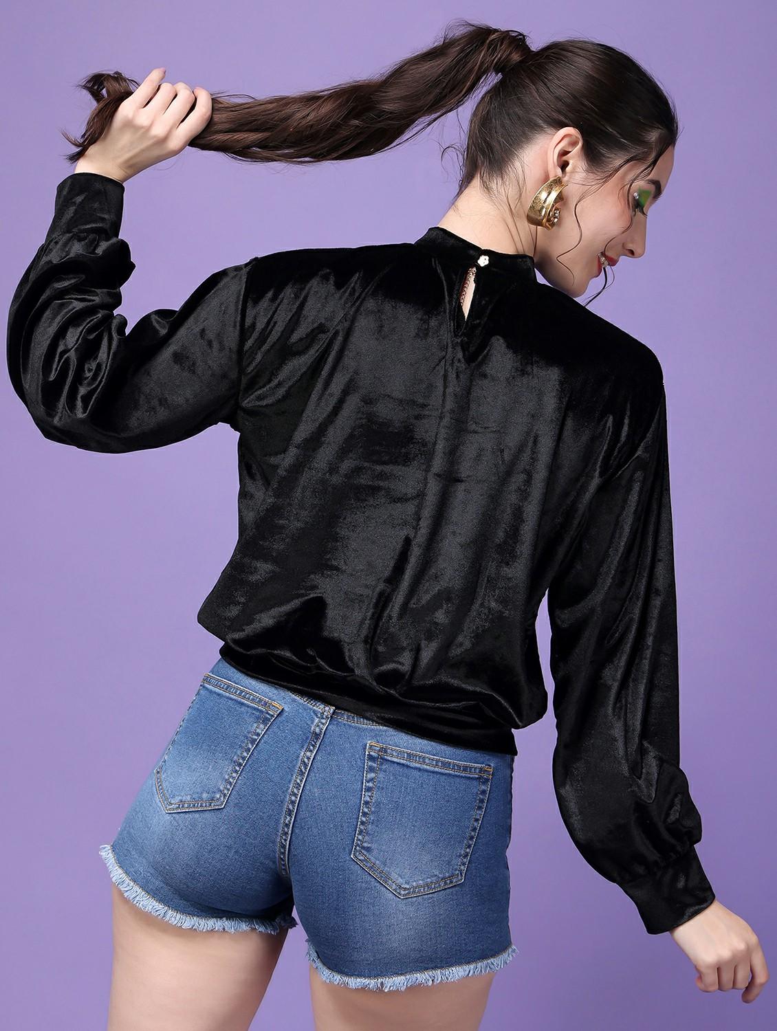 women solid mock neck long sleeves top - 21525219 - Standard Image - 3