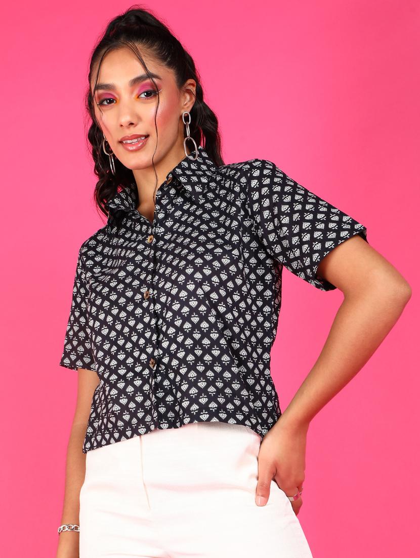 women printed collared short sleeves shirt - 21525760 - Zoom Image - 0