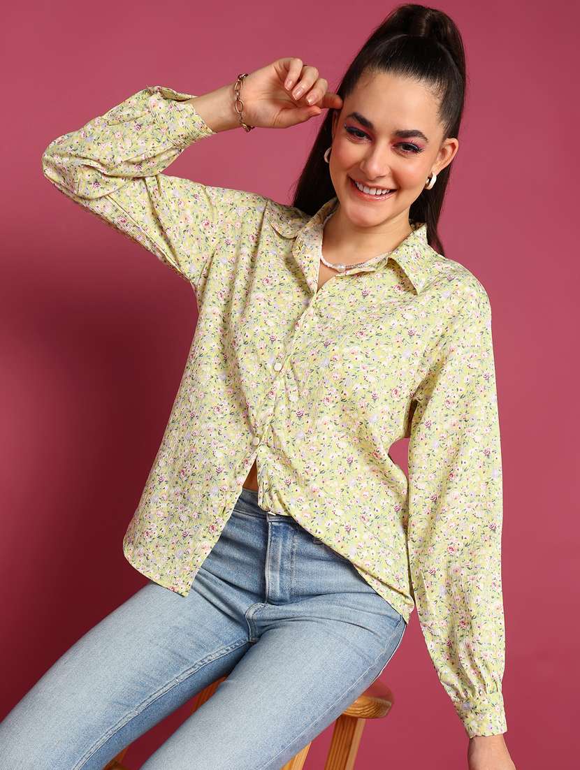 women printed collared long sleeves shirt