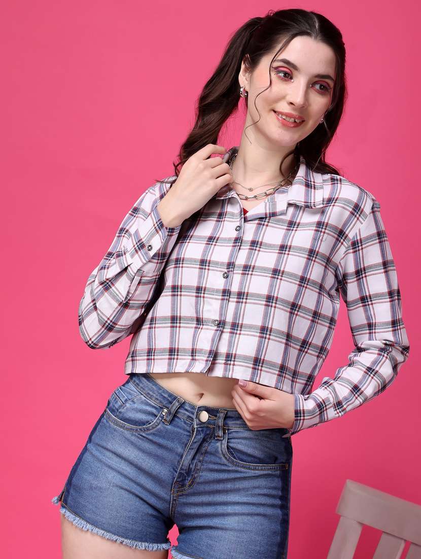 women checkered collared crop shirt