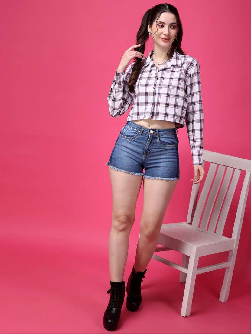 women checkered collared crop shirt - 21525801 -  Standard Image - 3