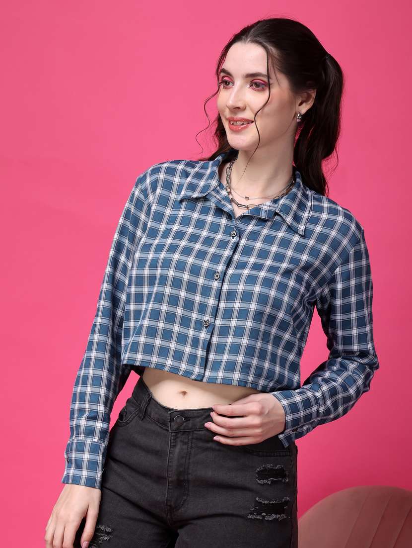 women checkered collared crop shirt