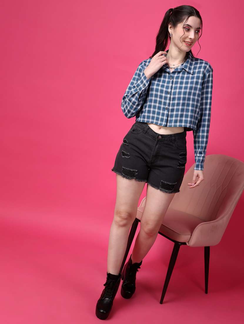 women checkered collared crop shirt - 21525802 -  Standard Image - 3