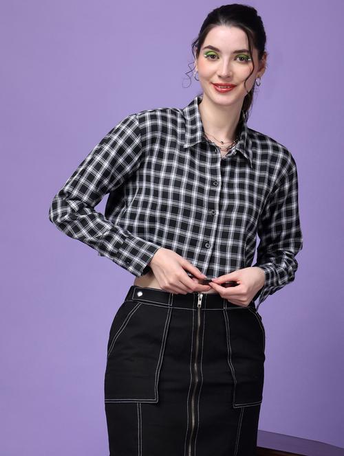 women checkered collared crop shirt - 21525803 - Standard Image - 0